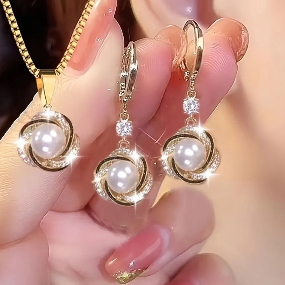 Zircon & Pearl Necklace and Earrings Set