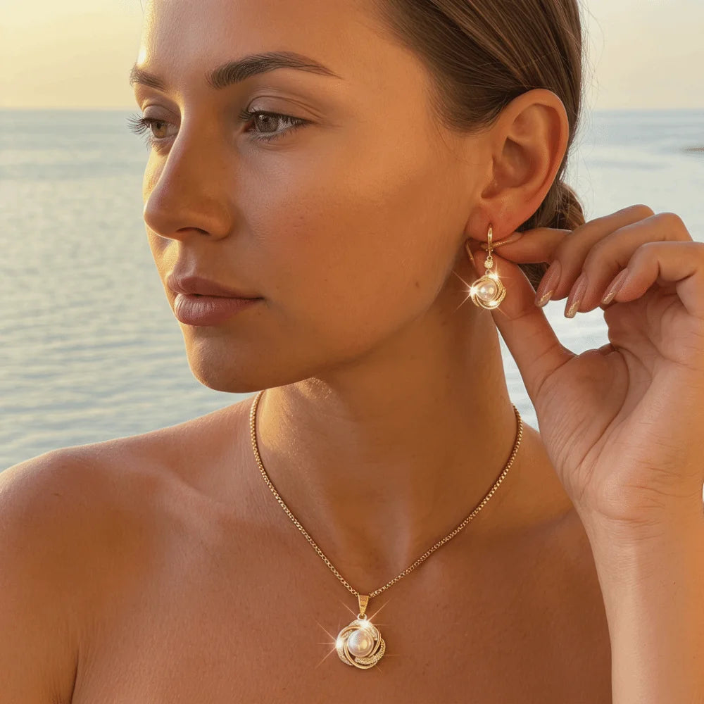 Pearl & Zircon Necklace and Earrings Set – Elegant